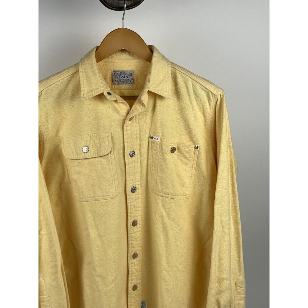 Vtg Polo Ralph Lauren Dungarees Thick Cotton Flannel Shirt Metal Buttons Yellow